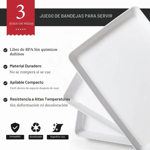 Vista 3 de 3 paquetes, 40 x 28 centímetros Bandejas grandes blancas reutilizables de plástico para servir galletas, aperitivos, charcutería, bocadillos