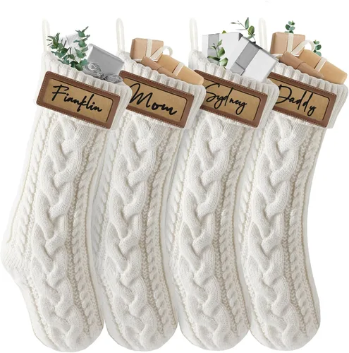 Vista 10 de steo spce Paquete de 4 medias de Navidad personalizadas con parches de cuero, medias de Navidad personalizadas con nombre, medias de Navidad