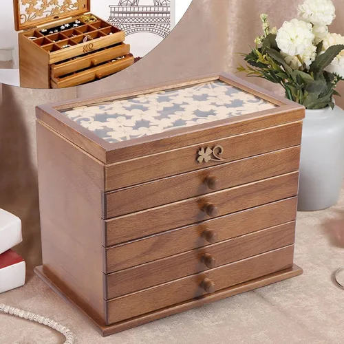 Vista 4 de Joyero de madera con 6 capas, organizador de madera, ideal como regalo para mamá y novia.