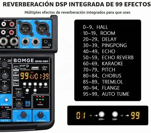Vista 3 de BOMGE Consola mezcladora de sonido mini DJ Audio de 6 canales con interfaz USB, Bluetooth, grabación estéreo, alimentación fantasma de 48V, 99
