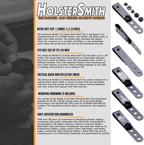 Vista 6 de HolsterSmith - Clip universal de metal para cinturón para hacer fundas, modelo 5, (3 agujeros), color negro táctico