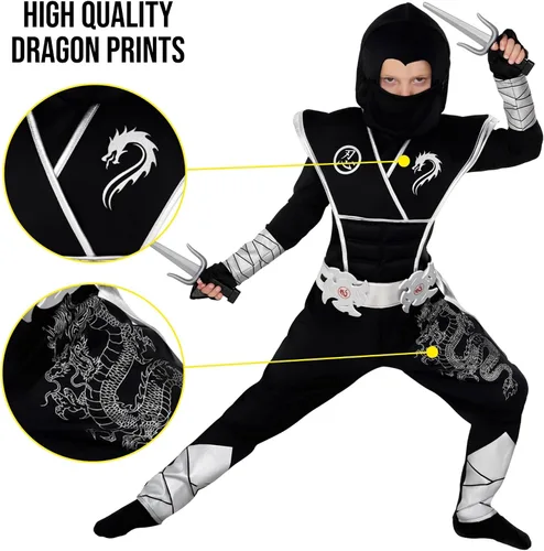 Vista 3 de Morph Disfraz de ninja para niños, disfraz de ninja de Halloween para niños, disfraz de ninja con accesorios