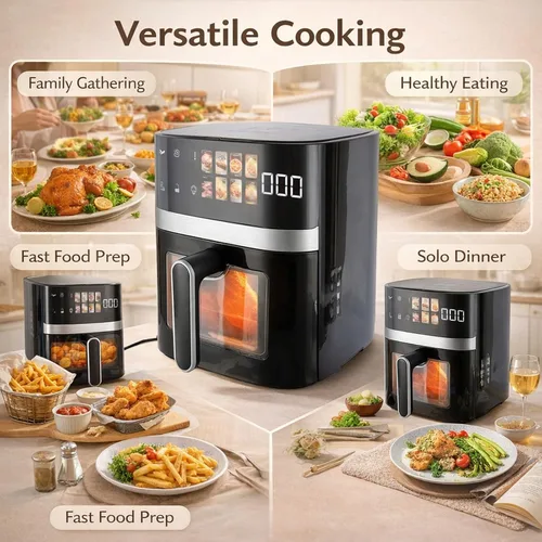 Vista 3 de Freidora sin aceite de 5 cuartos de galón, cocina eléctrica de gran capacidad con ventana visual y pantalla a color, totalmente automática, ocho