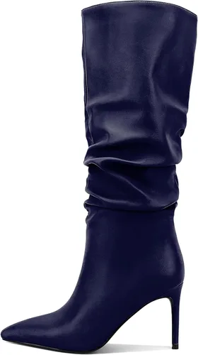 Vista 26 de Zamikoo Botas holgadas de tacón alto para mujer, botas de tacón de aguja altas hasta la rodilla, puntera puntiaguda, elásticas, botas altas de meter