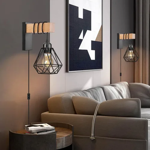 Vista 3 de Juego de 2 apliques de pared enchufables, luces de pared de granja con cable de enchufe, lámpara de pared rústica negra para dormitorio, mesita
