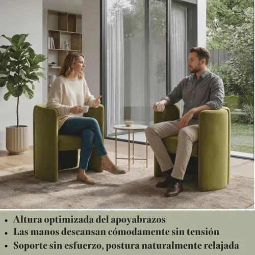 Vista 3 de Silla de terciopelo con diseño de barril, sillas auxiliares, color verde oliva