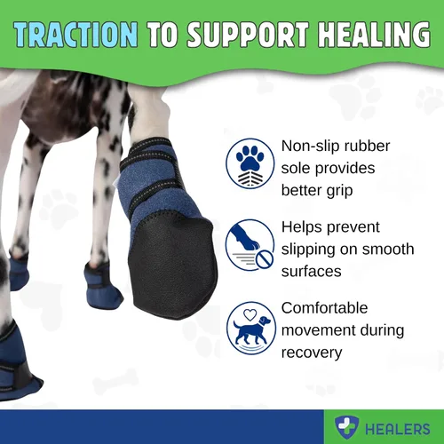 Vista 6 de Healers Botas y vendajes médicos para perros, XS 2 botines, gasa antiadherente incluida, tejido transpirable, suela antideslizante, correa