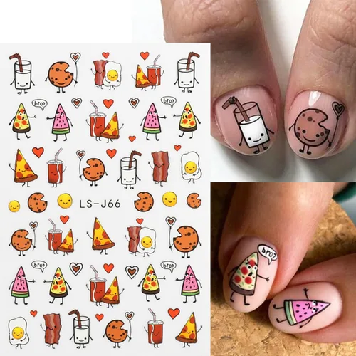 Vista 3 de 6 hojas de calcomanías de uñas de jirafa de dibujos animados 3D, calcomanías autoadhesivas lindas Kawaii para arte de uñas de pizza, bocadillos