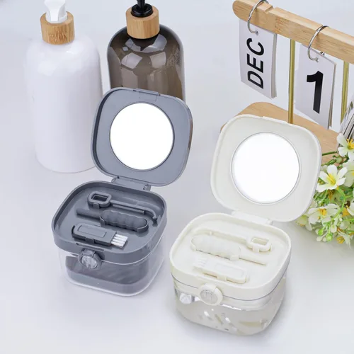 Vista 7 de Estuche de retención 2 en 1, funda limpiadora de alineadores de baño para dentadura, soporte, contenedor, organizador, taza de dentadura con espejo