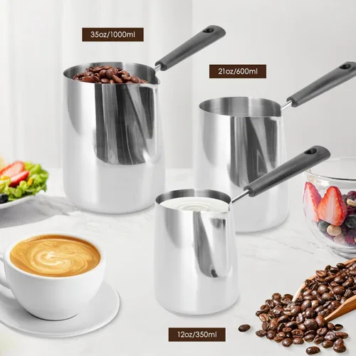 Vista 3 de Classics - Cafetera turca de 12 onzas / 11.8 fl oz de acero inoxidable para espuma de leche, jarra de café de mango largo, jarra toroide, calentador