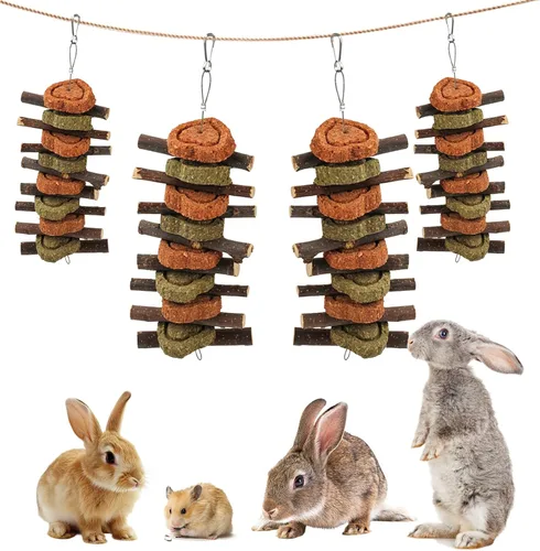 Vista 9 de 4 juguetes masticables de conejo para rechinar dientes, deliciosos juguetes masticables colgantes en jaula de conejo, palitos masticables de bambú