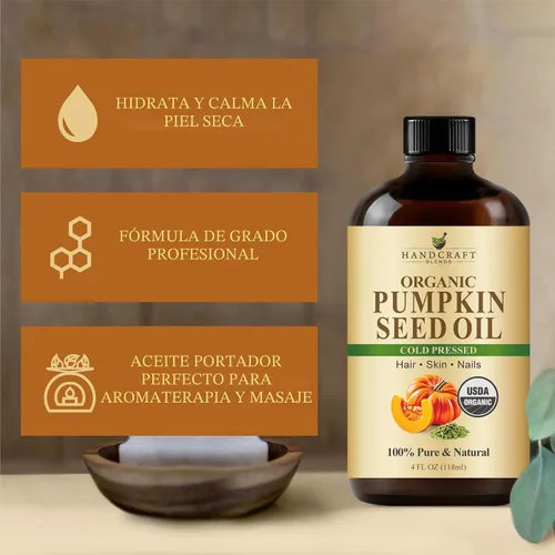 Vista 4 de Handcraft Blends Aceite de Semilla de Calabaza Orgánico Prensado en Frío en Botella de Vidrio - 4 Fl Oz - 100% Puro y Natural - Aceite Portador