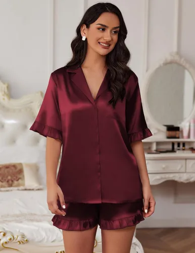 Vista 3 de Ekouaer Conjunto de pijama de satén de seda con volantes para mujer, conjunto de pijama con botones S-XXL