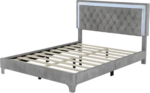 Vista 5 de Linique Base de cama tapizada tamaño Queen con luces LED, cama moderna de plataforma de terciopelo de madera con cabecera capitonada con botones