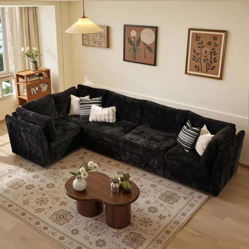 Vista 34 de Sofá seccional modular, conjunto de sofá en forma de L de 98" para sala de estar, 4 asientos cómodos tipo nube con sillas giratorias, combinación