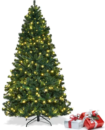 Vista 25 de COSTWAY Árbol de Navidad flocado de nieve de 6 pies, pino artificial con bisagras Blanco