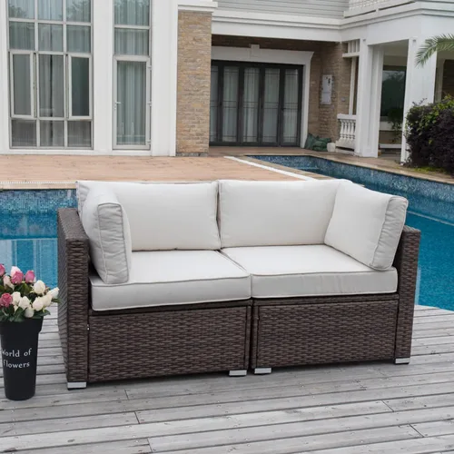 Vista 12 de COSIEST Juego de 2 sillas complementarias sin brazos para muebles de exterior para expandir sofá seccional de mimbre marrón chocolate con cojines