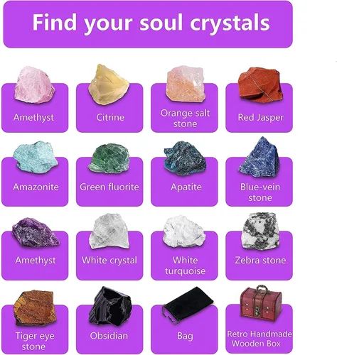 Vista 3 de Juego de 14 piedras de cristal curativo para chakras, con caja de madera de regalo para principiantes, meditación, reiki, yoga, colección