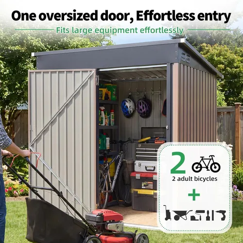Vista 6 de AECOJOY Cobertizo de almacenamiento de metal para exteriores de 3 x 5 pies, cobertizo de herramientas de jardín resistente con puerta de gran
