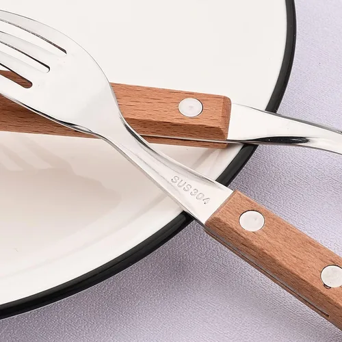 Vista 3 de Juego de cubiertos de acero inoxidable 304 de 8 piezas, mango retro de madera, juego de utensilios de vajilla para fiesta, incluye cuchillo Marrón