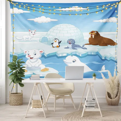 Vista 7 de Ambesonne Tapiz de animales tamaño King, imagen de animales árticos, osos polares, foca, pingüinos, lobos, ballenas, obra de arte, colcha