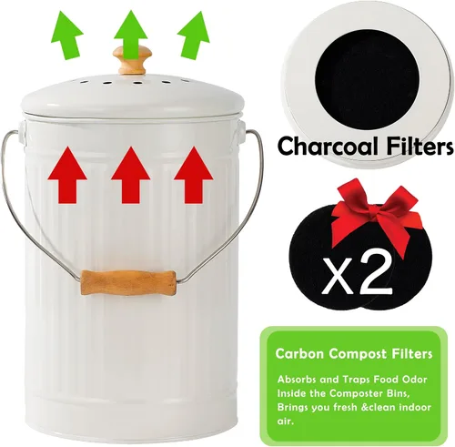 Vista 3 de Cubo de compost de cocina de 1.7 galones, contenedor de compost para encimera interior con tapa, cubo de compost 100% a prueba de óxido con filtros