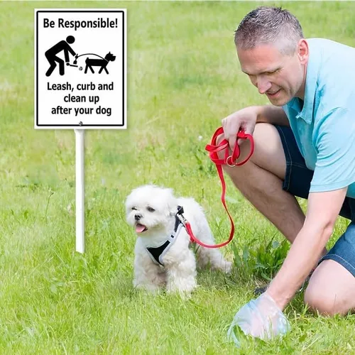 Vista 2 de Letreros con estaca «Be Responsable» con correa, bordilla y limpia después de tu perro, letrero de aluminio resistente sin óxido, decoración