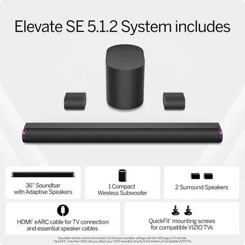 Vista 4 de VIZIO 5.1.2 Elevate SE Barra de sonido, subwoofer inalámbrico, sonido envolvente con Dolby Atmos y DTS:X, altavoz Bluetooth, compatible