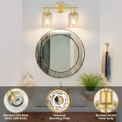 Vista 3 de Lámparas de baño, lámpara de tocador de latón cepillado de 2 luces, apliques de pared dorados, iluminación moderna de pared de baño montada en pared