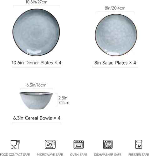 Vista 3 de Hand thrown 12 Piece Stoneware Dinnerware Sets-Service For 4, Blue