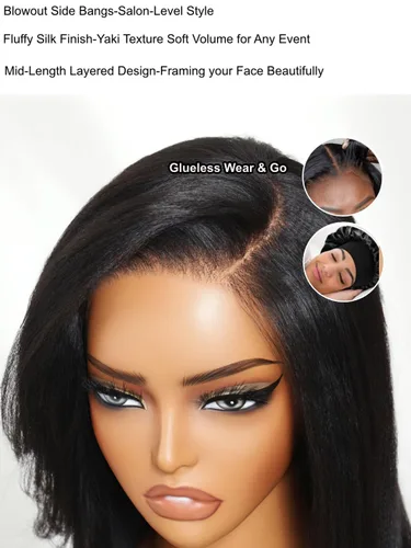 Vista 4 de UNICE Yaki Peluca de Cabello Humano Liso con Cordón y Flequillo Lateral Bye Bye Knots 7X5 Encaje Frontal Pelucas Sin Pegamento de Cabello Humano