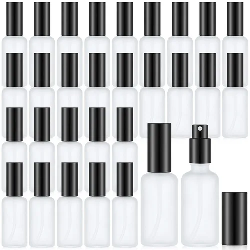 Vista 29 de Roshtia 30 botellas vacías decorativas transparentes de 0.33 onzas fluidas de color madera de haya con atomizador de perfume recargable, con bomba