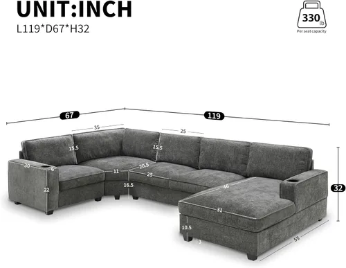 Vista 86 de Moderno sofá modular en forma de U con almohadas para la cintura, sofá cama con diván, sofá tapizado simétrico de felpilla de 6 asientos para sala