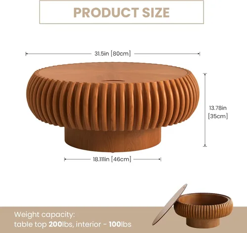 Vista 2 de Mesa de centro redonda acanalada de 31.49 pulgadas con almacenamiento, moderna mesa de centro de madera, mesa central circular con pedestal