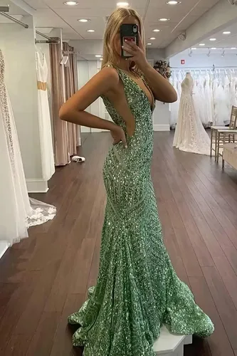 Vista 3 de Toreque Women's Long Sequin Mermaid Prom Dresses Deep V Neck Sleeveless Formal Evening Party Gowns with Train