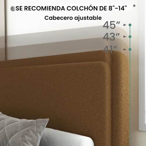 Vista 5 de Marco de cama tapizado Boucle de tamaño matrimonial con cabecera ajustable, plataforma de nube, patas de madera maciza, no necesita somier, fácil