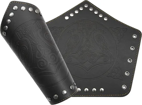 Vista 2 de GelConnie Guantelete de cuero pulsera vikingo de cuero protector de brazo medieval armadura brazaletes de cuero muñequeras Cosplay