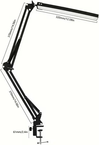 Vista 8 de Lámpara de escritorio LED, lámpara de brazo oscilante ajustable con abrazadera, luz de escritorio de lectura que cuida los ojos, 10 niveles