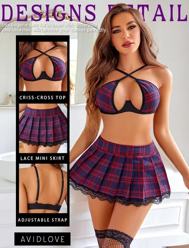 Vista 2 de Avidlove Conjunto de lencería para mujer con aros de dos piezas, conjunto de lencería sexy con minifalda plisada de encaje