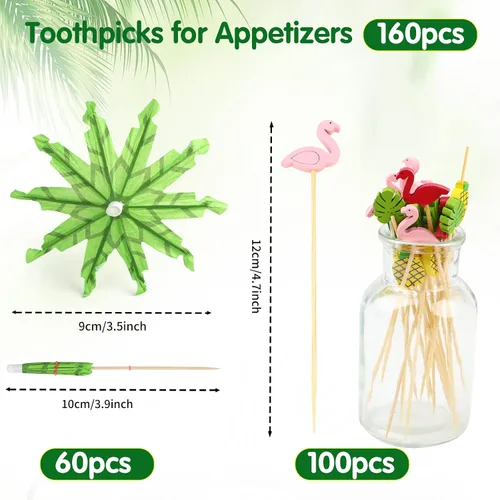 Vista 4 de FOIMAS 160 piezas de selecciones de cóctel tropicales Hawaii palillos de bambú palillos de dientes de cactus hojas de palma para aperitivos