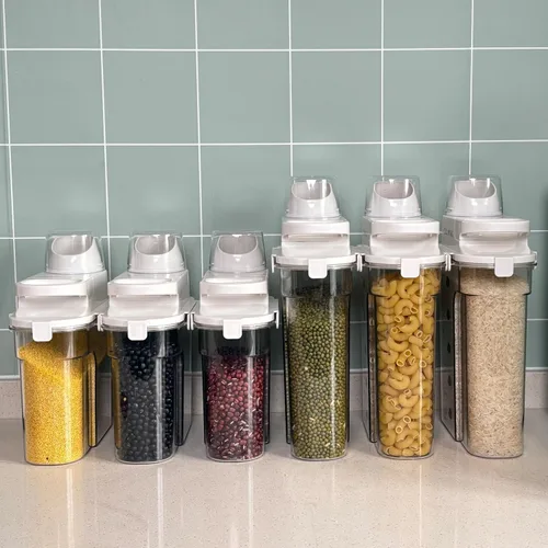 Vista 8 de Recipientes herméticos para cereales con boquilla de vertido y taza medidora, dispensador de cereales de plástico sin BPA de 1.8L para arroz