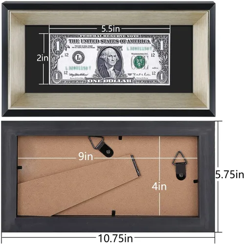 Vista 4 de Marco de billetes de dólar de 4 x 9 con paspartú, soporte de caballete para colgar de mesa o anillo en D, montaje en pared (negro/plateado, 1 unidad)