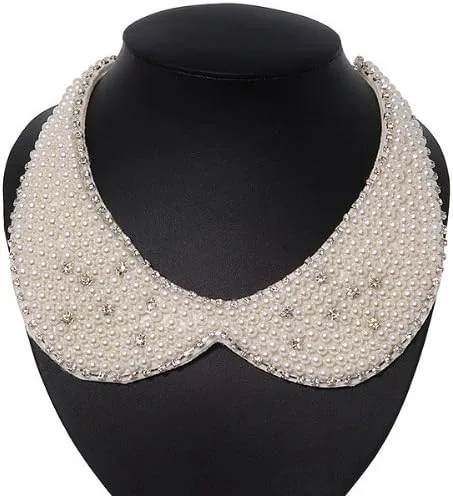 Vista 2 de Avalaya Collar de Peter Pan de fieltro de cristal de imitación de perlas blancas en chapado en plata, 11.0 in de longitud2.8 in de extensión