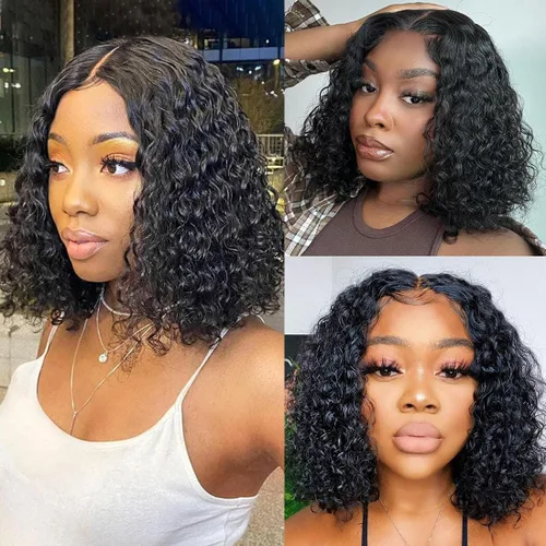 Vista 4 de Pelucas de cabello humano rizado estilo Bob de Forevermore, cierre 4x4 para mujeres, sin pegamento, 18 pulgadas, onda de agua, encaje frontal húmedo