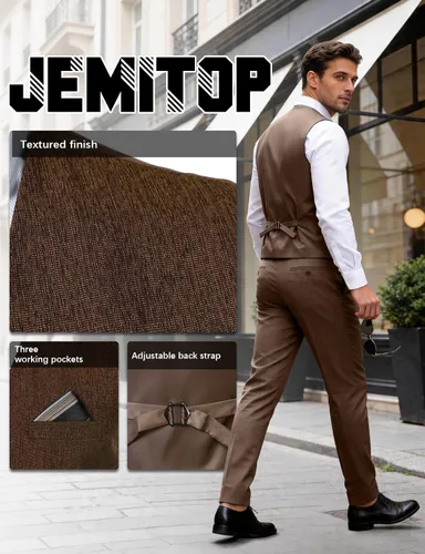Vista 6 de JEMITOP Chaleco de vestir ajustado con textura ligera para hombre Marrón