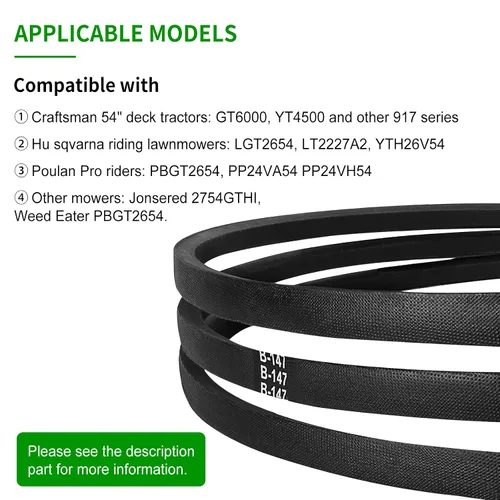 Vista 4 de Cinturón de cubierta de repuesto 587686701 compatible con cortacésped Craftsman de 54 pulgadas, correa de cortacésped compatible con tractor