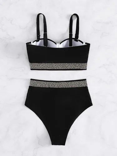 Vista 4 de MakeMeChic Traje de baño de 2 piezas para mujer con ribete de diamantes de imitación push up de cintura alta