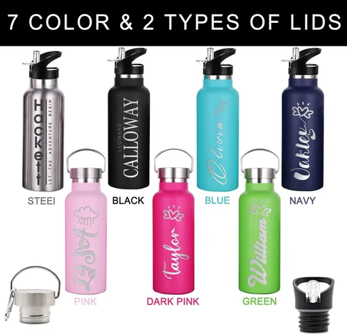 Vista 4 de Botellas de agua personalizadas con tapa de popote de 12/26 onzas, botella de agua deportiva aislada personalizada con grabado láser, botella