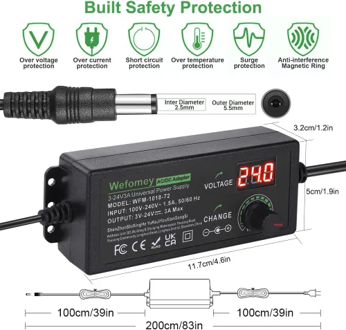 Vista 3 de Fuente de alimentación universal 3V~24V 3A 72W variable ajustable 3V 5V 9V 12V 18V 20V 24V adaptador cargador AC/DC, convertidor de 100V-240V AC a