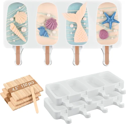 Vista 18 de Sakolla - Juego de moldes de silicona para paletas de hielo, 4 cavidades, moldes para helado ovalados con 50 palos de madera
